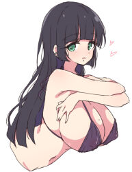 Rule 34 | 1girl, bikini, black bikini, black hair, bocchi the rock!, breasts, commentary, green eyes, heart, highres, huge breasts, lip piercing, long hair, looking at viewer, mel (melty pot), mole, mole on breast, navel, pa-san, piercing, simple background, solo, swimsuit, upper body, white background