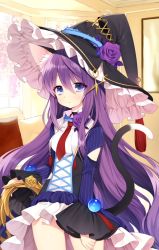 Rule 34 | 1girl, animal ear fluff, animal ears, black hat, blue eyes, breasts, byulzzi, cat ears, cat girl, cat tail, choker, closed eyes, coat, cowboy shot, flower, frills, hair between eyes, hat, holding, indoors, long hair, long sleeves, looking at viewer, necktie, original, purple hair, red necktie, rose, short necktie, skirt, small breasts, solo, standing, striped, tail, tassel, very long hair, white skirt, wing collar, witch hat