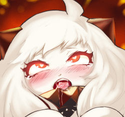 Rule 34 | 10s, 1girl, abyssal ship, ahegao, ahoge, bad id, bad pixiv id, blood, blush, colored skin, crying, gradient background, heart, heart-shaped pupils, horns, kantai collection, kill, long hair, mittens, northern ocean princess, open mouth, randomboobguy, red eyes, saliva, solo, symbol-shaped pupils, tears, white hair, white skin