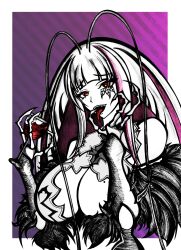 Rule 34 | 1girl, alcohol, antenna hair, breasts, cup, drinking glass, huge breasts, long hair, matara kan, matara kan (1st costume), mole, mole on breast, monster girl, open mouth, sketch, tongue, tongue out, virtual youtuber, vshojo, wine, wine glass