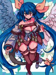 Rule 34 | 1girl, absurdres, angel wings, asymmetrical wings, bare shoulders, belt, black panties, black thighhighs, blue border, blue flower, blue hair, blue rose, blush, border, breasts, cleavage, cleavage cutout, clothing cutout, collarbone, detached sleeves, dizzy (guilty gear), feathered wings, flower, guilty gear, guilty gear xrd, hair between eyes, hair ribbon, hair rings, highres, ktknpdy, large breasts, long hair, midriff, monster girl, navel, off shoulder, panties, red eyes, ribbon, rose, solo, tail, tail ornament, tail ribbon, thick thighs, thigh gap, thighhighs, thighs, twintails, underwear, wings, yellow ribbon