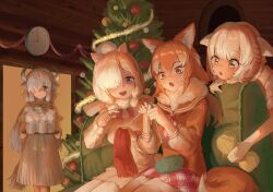 Rule 34 | 4girls, :o, alpaca ears, alpaca suri (kemono friends), animal ears, behind another, black horns, blonde hair, bodystocking, brown eyes, brown hair, chicha (chi cha rigbo), christmas tree, clock, closed mouth, couch, cup, curly hair, dress, empty eyes, fur-trimmed sleeves, fur collar, fur scarf, fur trim, grey horns, hair between eyes, hair bun, hair over one eye, hand rest, highres, holding, holding tray, horizontal pupils, horns, indoors, japanese wolf (kemono friends), kemono friends, kemono friends 3, knitting, knitting needle, long bangs, long hair, long sleeves, medium dress, medium hair, miniskirt, multicolored hair, multicolored horns, multiple girls, needle, on couch, open mouth, ox ears, ox girl, ox horns, ox tail, parted bangs, pointing, purple eyes, sailor collar, scarf, sheep (kemono friends), sheep ears, shirt, short sleeves, shorts, side-by-side, single hair bun, sitting, skirt, smile, steam, sweater vest, tail, thighhighs, tray, very long hair, walking, wall clock, white hair, wolf ears, wolf girl, wolf tail, yak (kemono friends), yarn, yarn ball, yellow eyes, zettai ryouiki