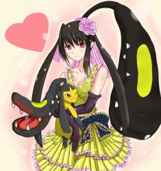 Rule 34 | 1girl, bare shoulders, blush, bow, breasts, cleavage, creatures (company), dress, dual persona, female focus, game freak, gen 3 pokemon, gloves, hair bow, hair ornament, holding, long hair, mawile, moemon, nintendo, one eye closed, personification, pokemon, ponytail, red eyes, ribbon, smile, solo, standing, teeth, wink