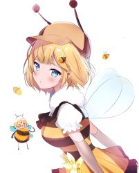 Rule 34 | 1girl, absurdres, antennae, bee, bee costume, blonde hair, blue eyes, blush, brown dress, bug, chibi, chibi inset, deerstalker, dress, elbow gloves, flower, fur collar, gloves, hat, highres, hololive, hololive english, insect, insect wings, looking at viewer, maru ccy, medium hair, puffy sleeves, striped clothes, striped dress, virtual youtuber, watson amelia, white sleeves, wings, yellow dress, yellow flower