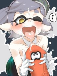 Rule 34 | :d, bare arms, bare shoulders, black eyes, black jumpsuit, blush, breath, bug, collar, collarbone, commentary request, detached collar, drooling, earrings, eighth note, fellatio, firefly, gloves, grabbing, grey hair, heart, heart-shaped pupils, highres, index finger raised, inkling, inkling player character, insect, jewelry, jumpsuit, looking at another, looking up, m/, marie (splatoon), mask, mole, mole under eye, musical note, nabeo, neon trim, nintendo, object on head, one eye closed, open mouth, oral, outstretched arms, pointy ears, print jumpsuit, ringed eyes, sexually suggestive, short hair, short jumpsuit, simulated fellatio, sleeveless, smile, speech bubble, spoken musical note, suggestive fluid, swept bangs, symbol-shaped pupils, teeth, tentacle hair, tongue, tongue out, upper teeth only, veins, white collar, white gloves