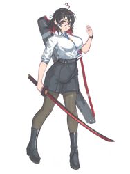 Rule 34 | 1girl, ahoge, black footwear, black hair, black shorts, breasts, brups tv, collared shirt, colored inner hair, commentary, english commentary, enma-chan, full body, high-waist shorts, highres, holding, holding sword, holding weapon, hololive, hololive english, id card, katana, looking at viewer, medium breasts, multicolored hair, pantyhose, red hair, shirt, shirt tucked in, shorts, solo, streaked hair, sword, unfinished, virtual youtuber, watch, weapon, white background, white shirt, wristwatch