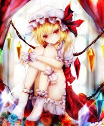 Rule 34 | 1girl, basilis9, blonde hair, bloomers, blue rose, curtains, dress, flandre scarlet, flower, hat, hat ribbon, highres, hugging own legs, looking at viewer, md5 mismatch, mob cap, puffy sleeves, red dress, red eyes, ribbon, rose, shirt, short sleeves, side ponytail, sitting, smile, solo, touhou, underwear, window, wings, wrist cuffs