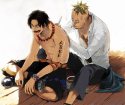 Rule 34 | 2boys, belt, black hair, black shorts, blonde hair, bracelet, cigarette, drawing, friends, gyuuniku, indian style, jewelry, jolly roger, laughing, male focus, marco (one piece), multiple boys, muscular, necklace, one piece, open clothes, open mouth, open shirt, pirate, portgas d. ace, sash, shirt, shorts, sitting, smoking, tattoo, thigh strap, topless male, white shirt