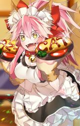 Rule 34 | 1girl, alternate costume, animal ear fluff, animal ears, animal hands, apron, bad id, bad pixiv id, bell, blush, braid, breasts, cat paws, cleavage, collar, enmaided, fangs, fate/grand order, fate (series), fox ears, fox girl, fox tail, gloves, hair ribbon, jingle bell, long hair, looking at viewer, maid, maid apron, maid headdress, neck bell, open mouth, paw gloves, pink hair, ponytail, qupitta, red ribbon, ribbon, solo, tail, tamamo (fate), tamamo cat (fate), tamamo cat (second ascension) (fate), waist apron, white apron, yellow eyes