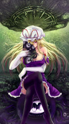 Rule 34 | 1girl, absurdres, apocrypha, apocrypha (the elder scrolls), arm across waist, bare shoulders, black thighhighs, blonde hair, breasts, cleavage, covering face, crossed legs, crossover, dress, elbow gloves, facing viewer, folding fan, frilled dress, frills, gloves, hand fan, hat, hermaeus mora, highres, koissa, long hair, looking at viewer, medium breasts, mob cap, purple dress, red eyes, short sleeves, sitting, skirt, solo, tentacles, the elder scrolls, thighhighs, touhou, trait connection, white gloves, yakumo yukari