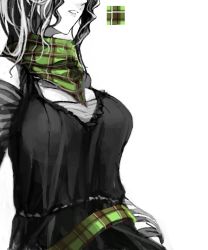 Rule 34 | 1girl, breasts, head out of frame, large breasts, monochrome, original, patterned, plaid, plaid scarf, pupps, scarf, short hair, simple background, solo, spot color, white background