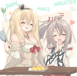 Rule 34 | 2girls, blonde hair, braid, closed eyes, commentary request, corset, cowboy shot, crown, daikon, dress, egg, english text, flower, food, french braid, grey hair, hachimaki, headband, high ponytail, highres, japanese clothes, kantai collection, kasashi (kasasi008), long hair, long sleeves, mini crown, multiple girls, muneate, off-shoulder dress, off shoulder, omelet, own hands clasped, own hands together, plate, ponytail, radish, red flower, red ribbon, red rose, ribbon, rose, simple background, smile, spatula, tamagoyaki, upper body, warspite (kancolle), white background, white dress, zuihou (kancolle)