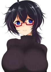Rule 34 | 10s, 1girl, black eyes, black hair, black sweater, blush, breasts, casual, closed mouth, commentary request, flying sweatdrops, girls und panzer, glasses, han (jackpot), large breasts, looking at viewer, messy hair, oryou (girls und panzer), red-framed eyewear, ribbed sweater, semi-rimless eyewear, short hair, short ponytail, simple background, smile, solo, sweater, turtleneck, under-rim eyewear, upper body, white background