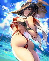Rule 34 | 1girl, ass, bare shoulders, black hair, blue eyes, blush, breast hold, breasts, cloud, day, eyewear on head, flower, grabbing own breast, guilty gear, hat, hat flower, heterochromia, highres, i-no, medium breasts, one-piece swimsuit, oro (sumakaita), parted lips, red one-piece swimsuit, sideboob, sky, slingshot swimsuit, smile, solo, straw hat, sunglasses, swimsuit, water, witch hat, yellow eyes