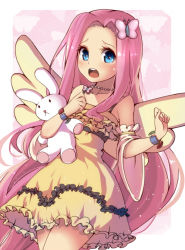 Rule 34 | 1girl, bangle, blue eyes, blush, bracelet, bug, butterfly, butterfly hair ornament, detached sleeves, dress, fluttershy, hair ornament, hairpin, insect, jewelry, long hair, looking at viewer, magister, my little pony, my little pony: friendship is magic, necklace, open mouth, personification, pink hair, solo, stuffed animal, stuffed rabbit, stuffed toy, wings