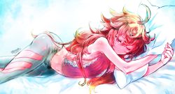 Rule 34 | 1boy, bed, closed eyes, fate/grand order, fate (series), highres, long hair, male focus, hugging object, pillow, pillow hug, rama (fate), red hair, sleepy, solo, trap