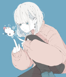 Rule 34 | 1girl, absurdres, black pants, blue background, blue eyes, blue footwear, blunt bangs, bob cut, closed mouth, earrings, high collar, highres, index finger raised, jacket, jewelry, long sleeves, looking at another, medium hair, no pupils, nocopyrightgirl, orange jacket, original, pale skin, pants, puffy sleeves, shoes, simple background, sleeve cuffs, sleeves past wrists, snow, snowman, solo, white hair