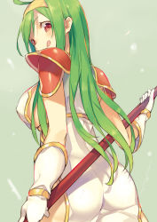 Rule 34 | 1girl, :q, armor, ass, bad id, bad pixiv id, breasts, carrie (sennen sensou aigis), from behind, gloves, green hair, hairband, highres, katou itsuwa, large breasts, long hair, looking at viewer, looking back, pauldrons, polearm, red eyes, sennen sensou aigis, shoulder armor, side slit, sideboob, solo, tongue, tongue out, weapon, white gloves