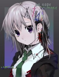 Rule 34 | 1girl, bad id, bad twitter id, breasts, collared shirt, earrings, english text, female focus, hair ornament, hairclip, highres, jewelry, jpeg artifacts, looking at viewer, mole, mole under eye, necktie, piercing, purple eyes, shirt, solo, unxi