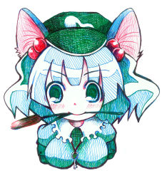 Rule 34 | 1girl, animal ears, ballpoint pen (medium), blush, breasts, cat ears, cat girl, female focus, hair bobbles, hair ornament, hat, kawashiro nitori, kemonomimi mode, key, mouth hold, simple background, smile, solo, takamoto akisa, touhou, traditional media, two side up, upper body, white background