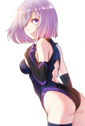 Rule 34 | 1girl, absurdres, ass, asymmetrical legwear, back cutout, black gloves, black leotard, blue thighhighs, breasts, closed mouth, clothing cutout, elbow gloves, fate/grand order, fate (series), from side, gloves, highres, huge filesize, itou kazuki, leaning forward, leotard, looking at viewer, mash kyrielight, medium breasts, purple eyes, purple hair, short hair, sideboob, simple background, single thighhigh, smile, solo, swept bangs, thighhighs, uneven legwear, white background