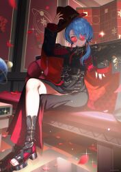 Rule 34 | 1girl, absurdres, ayataka, blue eyes, blue hair, couch, crossed legs, earrings, fedora, flower, hat, highres, hololive, hoshimachi suisei, hoshimachi suisei (8th costume), jacket, jacket on shoulders, jewelry, medium hair, nail polish, official alternate costume, petals, pink nails, ponytail, red-tinted eyewear, rose, side slit, sitting, smile, solo, sunglasses, tinted eyewear, toeless footwear, toenail polish, toenails, virtual youtuber
