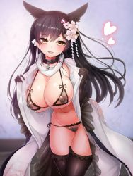 Rule 34 | 1girl, animal collar, animal ears, atago (azur lane), atago (hallmarks of winter) (azur lane), azur lane, black gloves, black hair, black thighhighs, blush, bra, breasts, collar, covered erect nipples, crotchless, crotchless panties, cupless bra, doyouwantto, flower, frilled thighhighs, frills, gloves, hair flower, hair ornament, heart, heart pasties, highres, large breasts, long hair, mole, mole under eye, navel, open clothes, open mouth, panties, pasties, simple background, smile, solo, thighhighs, underwear, yellow eyes