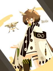 Rule 34 | 1girl, arknights, bad id, bad twitter id, brown hair, buttons, commentary, dated, drone, feather hair, glasses, highres, jacket, long sleeves, looking at viewer, namekuz1paint, no lineart, no outlines, open hand, orange eyes, rhine lab logo, short hair, signature, silence (arknights), simple background, thighhighs