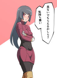 Rule 34 | 1girl, arms under breasts, black bodysuit, blush, bodysuit, breasts, clenched teeth, commentary request, creatures (company), crop top, ezokuroten, game freak, gloves, grey hair, gym leader, highres, long hair, long sleeves, nintendo, orange legwear, pink background, pink eyes, pokemon, pokemon frlg, red skirt, sabrina (pokemon), side slit, skirt, solo, teeth, translated, turtleneck, two-tone background, white background, white gloves