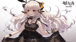 Rule 34 | 1girl, arknights, bare shoulders, black dress, breasts, choker, copyright name, dress, gradient background, hair ribbon, horns, long hair, looking at viewer, open mouth, panpanmeiyou hp, red eyes, ribbon, silver hair, skirt hold, sleeveless, sleeveless dress, small breasts, solo, upper body, water, weedy (arknights), white background, wristband