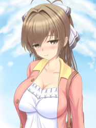 Rule 34 | 10s, 1girl, ahoge, amagi brilliant park, blush, breasts, brown eyes, brown hair, cleavage, hair intakes, hair ribbon, jacket, large breasts, long hair, open clothes, open jacket, ponytail, ribbon, sento isuzu, solo, standing, yellow eyes