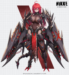 Rule 34 | 1girl, ahoge, armor, armored boots, armored leotard, bodystocking, boobplate, boots, breastplate, breasts, cleavage, commentary request, copyright name, covered navel, dramz, full body, goddess of victory: nikke, grid background, hair between eyes, hair intakes, hand on own hip, highres, large breasts, long hair, looking at viewer, mechanical tail, nihilister (nikke), official art, parted lips, pelvic curtain, promotional art, red eyes, red hair, rigging, see-through, see-through cleavage, sidelocks, smile, solo, standing, tail, taimanin suit, thigh boots, torn bodystocking, torn clothes, watermark, zoom layer