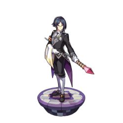 Rule 34 | 1boy, black footwear, black hair, butler, dragalia lost, edward (dragalia lost), full body, glasses, hair ornament, hairclip, holding, holding staff, looking at viewer, male focus, nintendo, non-web source, official art, saitou naoki, solo, staff, transparent background, yellow eyes