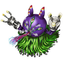 Rule 34 | algomon, algomon adult, antennae, cable, colored sclera, digimon, digimon (creature), extra eyes, metal gloves, monster, official art, simple background, solo, tentacles, white background, yellow sclera