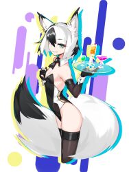 Rule 34 | 1girl, abstract background, absurdres, alcohol, animal ears, black gloves, black hair, black leotard, blue eyes, breasts, cleavage, cocktail, commentary, cowboy shot, deel (rkeg), detached collar, detached sleeves, ear piercing, fox ears, fox girl, fox tail, from side, gloves, grin, hair between eyes, highres, holding, holding plate, leotard, looking at viewer, medium breasts, multicolored eyes, multicolored hair, multicolored tail, original, partially fingerless gloves, piercing, plate, short hair, sleeve cuffs, smile, solo, tail, white hair, yellow eyes