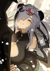 Rule 34 | 1girl, 1other, animal ears, arknights, bare shoulders, bear ears, black dress, black hair, black jacket, blush, breasts, cleavage cutout, closed mouth, clothing cutout, doctor (arknights), dress, eyewear on head, feater (arknights), glasses, grey hair, hair over one eye, height difference, highres, jacket, large breasts, long hair, long sleeves, looking at another, looking up, multicolored hair, off shoulder, open clothes, open jacket, parted lips, razu (rus), round eyewear, smile, solo focus, streaked hair, thick eyebrows, twintails, two-tone hair, upper body, yellow eyes
