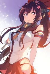 Rule 34 | 10s, 1girl, arm behind back, between breasts, breasts, brown hair, collar, detached sleeves, eyebrows, from below, hair between eyes, headgear, hip vent, holding, holding umbrella, kantai collection, long hair, long sleeves, looking at viewer, medium breasts, miniskirt, petals, pleated skirt, ponytail, purple eyes, red skirt, senbei (senbe i), skirt, skirt set, smile, solo, umbrella, upper body, very long hair, yamato (kancolle), zulu (naval flag)