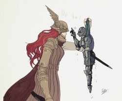 Rule 34 | 1boy, 1girl, armor, covered eyes, elden ring, from software, full armor, gaa (mesimori gaa), giant, giantess, gold armor, helm, helmet, helmet over eyes, highres, knight, malenia blade of miquella, red hair, simple background, size difference, sword, tarnished (elden ring), weapon, white background, winged helmet