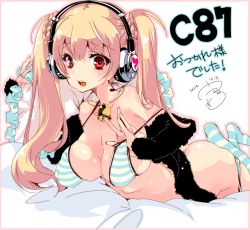 Rule 34 | 1girl, bare shoulders, bell, bikini, blush, breasts, convention greeting, fur, headphones, kamizuki shiki, large breasts, long hair, looking at viewer, lying, on stomach, original, panties, panty pull, red eyes, socks, solo, striped bikini, striped clothes, striped legwear, striped socks, swimsuit, twintails, underwear