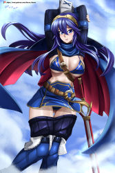 Rule 34 | 1girl, absurdres, alternate breast size, armband, arms up, artist name, belt, blue background, blue bra, blue cape, blue eyes, blue footwear, blue hair, blue panties, blue pants, blue shirt, blue skirt, blush, boots, bra, breasts, cape, circlet, clothes lift, clothes pull, dutch angle, falchion (fire emblem), female focus, fire emblem, fire emblem awakening, gluteal fold, hair between eyes, highres, knee boots, knees together feet apart, large breasts, long hair, long sleeves, looking at viewer, lucina (fire emblem), matching hair/eyes, miniskirt, nintendo, open mouth, panties, pants, pants pull, pants under skirt, pantyshot, patreon logo, patreon username, red lining, sheath, sheathed, shirt, shirt lift, signature, skirt, solo, standing, sword, teeth, thigh gap, underboob, underwear, vilde loh hocen, watermark, weapon, web address, wrist cuffs