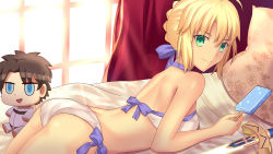 Rule 34 | 1boy, 1girl, ahoge, artoria pendragon (all), artoria pendragon (fate), artoria pendragon (swimsuit archer) (first ascension) (fate), ass, bed, besmiled, blonde hair, blush, breasts, character doll, fate/grand order, fate (series), food, fujimaru ritsuka (male), green eyes, highres, looking at viewer, lying, on stomach, pillow, popsicle, revision, riyo (lyomsnpmp) (style), saber (fate), smile, solo, sword, takeuchi takashi (style), weapon