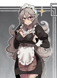 Rule 34 | 1girl, apron, blush, breasts, corrin (female) (fire emblem), corrin (fire emblem), fire emblem, fire emblem fates, frills, hairband, highres, juliet sleeves, long hair, long sleeves, maid, maid apron, maid headdress, medium breasts, nintendo, nyantcha, pointy ears, puffy sleeves, red eyes, see-through, smile, solo, thick thighs, thighhighs, thighs, thong, wavy hair, white hair