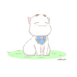 Rule 34 | :3, andanden, aria (manga), aria pokoteng, blue bow, blue bowtie, blush, bow, bowtie, cat, closed eyes, grass, highres, no humans, on ground, signature, smile, thick eyebrows, white background, white cat