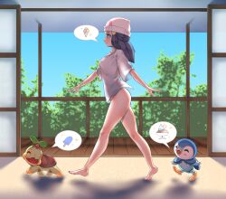 Rule 34 | 1girl, ^ ^, alternate costume, backlighting, barefoot, beanie, blue eyes, blue hair, blue sky, blush, blush stickers, bottomless, breasts, closed eyes, closed mouth, creatures (company), dawn (pokemon), day, feet, female focus, food, from side, full body, game freak, gen 4 pokemon, hair ornament, hairclip, happy, hat, highres, hitmanatee, hot, hungry, ice cream, ice cream cone, indoors, leaf, legs, light blush, long hair, nintendo, open mouth, piplup, pokemon, pokemon (creature), pokemon dppt, popsicle, profile, shirt, short sleeves, sidelocks, sky, small breasts, smile, solo focus, sparkle, spoken object, standing, thighs, tree, turtwig, walking, white headwear, white shirt, wide sleeves