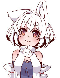 Rule 34 | 1girl, adapted costume, animal ear fluff, animal ears, detached sleeves, hair intakes, highres, inubashiri momiji, kuro-ekaki, looking at viewer, one-hour drawing challenge, pom pom (clothes), red eyes, shirt, short hair, simple background, smile, solo, thick eyebrows, touhou, upper body, white background, white hair, white shirt, wolf ears