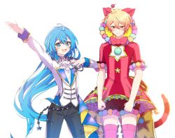 Rule 34 | + +, 1boy, 1girl, :3, ahoge, angry, animal ears, aqua nails, arm up, black pants, blonde hair, blue eyes, blue hair, blush, bow, bowtie, cat ears, cat tail, closed mouth, cosplay, costume switch, cowboy shot, crossdressing, dress, fake animal ears, fang, hair between eyes, hand on own chest, hatsune miku, hatsune miku (cosplay), hood, hood up, hooded dress, long hair, long sleeves, looking away, looking down, nail polish, open mouth, orange eyes, pants, pink bow, pink bowtie, pink dress, pink thighhighs, pom pom (clothes), project sekai, red dress, short hair, simple background, smile, sonyaneko, standing, star (symbol), striped clothes, striped dress, tail, tenma tsukasa, tenma tsukasa (cosplay), thighhighs, v-shaped eyebrows, vertical-striped clothes, vertical-striped dress, very long hair, vocaloid, white background, wonderlands x showtime (project sekai), wonderlands x showtime miku, zettai ryouiki