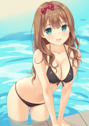 Rule 34 | 1girl, :d, arm support, bare arms, bare shoulders, bikini, black bikini, blush, bow, breasts, brown hair, cleavage, collarbone, front-tie bikini top, front-tie top, green eyes, hair between eyes, hair bow, highres, leaning forward, long hair, medium breasts, n.g., navel, open mouth, original, red bow, smile, solo, swimsuit, very long hair, wading, water