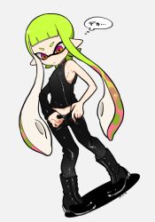 Rule 34 | 1girl, adjusting clothes, agent 3 (splatoon), asymmetrical clothes, asymmetrical sleeves, black footwear, black jacket, black pants, boots, closed mouth, commentary request, cosplay, dated, dutch angle, full body, gradient hair, green hair, grey background, inkling, inkling girl, inkling player character, jacket, light frown, long hair, midriff, multicolored hair, nintendo, pants, pink hair, pointy ears, red eyes, shadow, simple background, solo, splatoon (series), splatoon 2, splatoon 2: octo expansion, squidbeak splatoon, standing, tentacle hair, uneven sleeves, yeneny, zipper