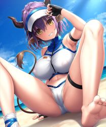 Rule 34 | :d, animal ears, arknights, arm up, armpits, bare legs, barefoot, beach, bikini, black gloves, blush, breasts, cameltoe, clothes writing, covered erect nipples, cow ears, cow girl, cow horns, cow tail, fingerless gloves, gloves, hand on headwear, hat, horns, knees up, lambda (kusowarota), large breasts, looking at viewer, nipples, official alternate costume, on ground, open mouth, parted lips, purple hair, sand, see-through, shoes, short hair, sideroca (arknights), sideroca (light breeze) (arknights), single shoe, smile, soles, solo, spread legs, sweat, swimsuit, tail, thigh strap, visor cap, white bikini, white hat, yellow eyes