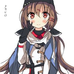 Rule 34 | 1girl, belt, black gloves, blouse, blue shawl, blush, brown hair, fur hat, gloves, hair between eyes, hair ornament, hairclip, hat, jacket, kantai collection, long hair, long sleeves, looking at viewer, low twintails, one-hour drawing challenge, papakha, red eyes, red shirt, shawl, shirt, simple background, skirt, smile, solo, star (symbol), takahiro (rikky), tashkent (kancolle), twintails, twitter username, white background, white jacket